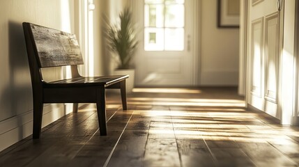 Wall Mural - Modern hallway with a dark wooden bench bathed in sunlight, creating a warm and inviting atmosphere, perfect for enhancing any interior space. Photo style with copy space available.