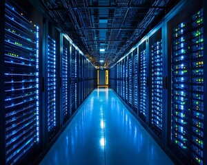 Poster - Futuristic Data Center with Illuminated Server Racks in Blue Light