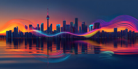 Poster - Cityscape Symphony: A vibrant, futuristic cityscape pulses with energy, as streaks of light dance across the skyline, reflecting in the water below. The scene evokes a sense of progress, innovation.