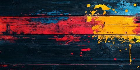 Poster - vibrant hues on dark wood: abstract art background with bold splashes of red, yellow, and blue paint