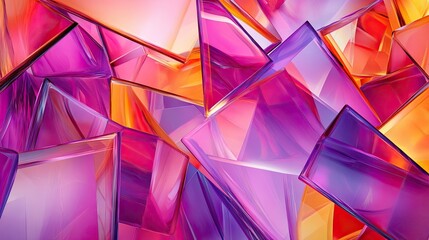 Canvas Print - 3D abstract geometric shapes create overlapping glass slices in vibrant shades of pink, purple, and orange. This mosaic design highlights prism effects and refraction, offering ideal banner space.