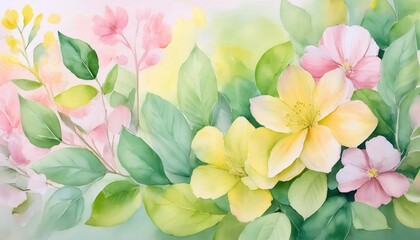 Poster - Vibrant Spring Blossoms in Abstract Watercolor Style with Lush Green Leaves. Ideal for Nature Themed Backgrounds, Seasonal Promotions, and Creative Designs