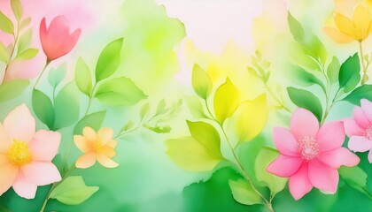 Poster - Vibrant Spring Blossoms in Abstract Watercolor Style with Lush Green Leaves. Ideal for Nature Themed Backgrounds, Seasonal Promotions, and Creative Designs