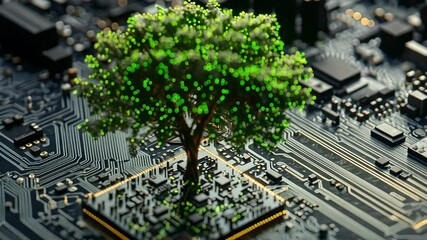 Green Technology A Tree Growing from a Motherboard, sustainability, nature, circuit board, digital, computer