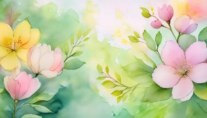 Poster - Vibrant Spring Blossoms in Abstract Watercolor Style with Lush Green Leaves. Ideal for Nature Themed Backgrounds, Seasonal Promotions, and Creative Designs