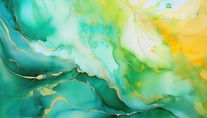 Poster - Abstract Fluid Ink Art in Vibrant Green, Yellow, and Turquoise Hues. Modern Aesthetic for Nature Themed Designs, Calming Backgrounds, or Creative Mindfulness Concepts