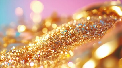 Poster - Gold glitter glimmers beautifully, reflecting delicate bokeh lights, creating a mesmerizing effect at a festive gathering or event