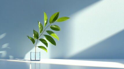 Aufkleber - A single green plant stands in a glass container, surrounded by soft shadows on a clean white surface under natural light