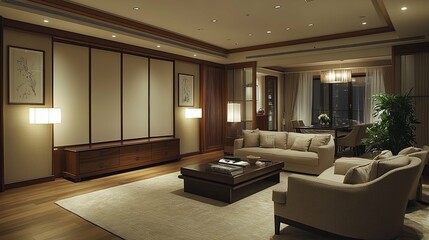 Wall Mural - Modern Living Room with Beige Couches and a Wooden Cabinet