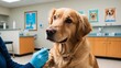 © PURE SP - Veterinary Care for a Golden Retriever: A Close-Up of a Dog Receiving a Health Check-up with a Calm Expression in a Modern Clinic