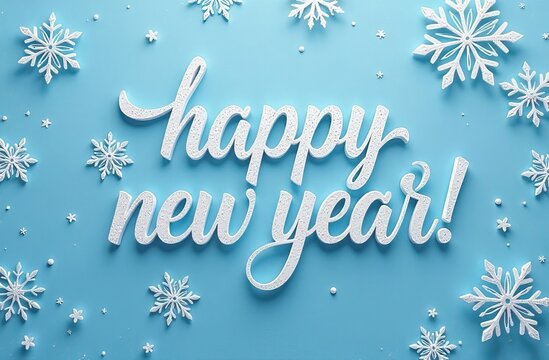 Happy New Year greeting card with snowflakes on blue background. Concept congratulation, holiday, invitation.