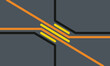© YudhaPranata00 - A modern vector illustration with geometric lines in orange, black, and yellow intersecting in the center. The dark gray background enhances the futuristic and minimalist feel