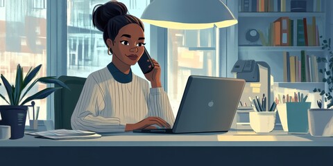 Poster - Woman Working on Laptop and Talking on Phone.