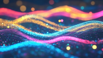Poster - Vibrant neon waves in pink, blue, and yellow, flowing over a dark background, creating an abstract and energetic digital effect.