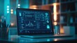 © Oksana - Close-up of a laptop displaying a medical data interface with health statistics and cyber protection icons, set in a modern workspace with a secure data overlay and detailed information visuals.
