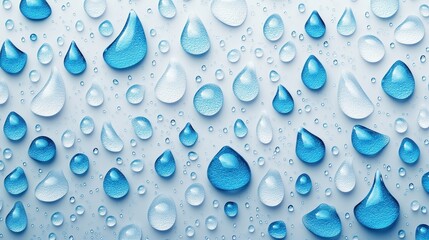 Poster - Close-up of vibrant blue water droplets on a light background, creating a refreshing and clean aesthetic.