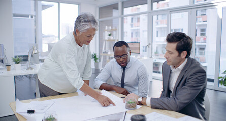 Poster - Architecture, business people and team meeting, discussion or planning with paper strategy in creative startup. Group, manager or brainstorming ideas for construction project, renovation or blueprint