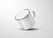 © olegphotor - White enamel mug mockup, metal cup with mirrored rim, handle, isolated on background.