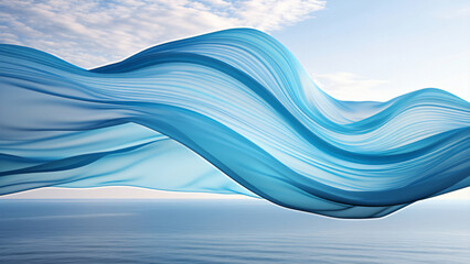 Poster - An artistic image of flowing blue fabric gracefully draping over a serene ocean, with a clear sky above, symbolizing tranquility for lifestyle.