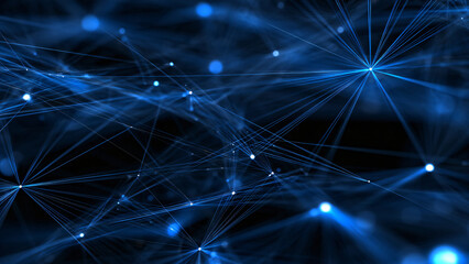 Poster - A vibrant abstract representation of interconnected blue lines and dots against a dark background, illustrating a technological concept for technology.
