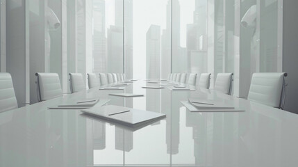 Poster - A sleek, modern conference room with a long glass table surrounded by white chairs, overlooking a city skyline through large windows for business.