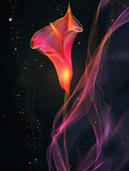 Poster - A vibrant digital illustration of a calla lily surrounded by flowing colorful ribbons, creating a dynamic and artistic visual for graphic resources.