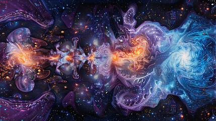 Poster - An intricate digital artwork illustrating a vibrant cosmic scene with swirling colors and bright stars, showcasing the beauty of the universe for graphic resources.