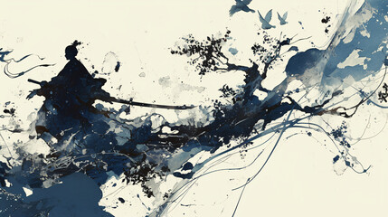 Poster - A dramatic ink wash painting depicting a figure in a flowing robe amidst dark, swirling elements, showcasing artistic expression for culture & religion.