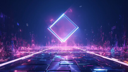 Poster - A futuristic digital landscape featuring glowing neon lights and geometric shapes, creating a vibrant and immersive visual experience for technology.