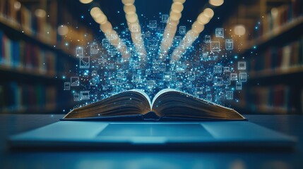 Open Book with Glowing Digital Data and Blurred Bookshelf Background