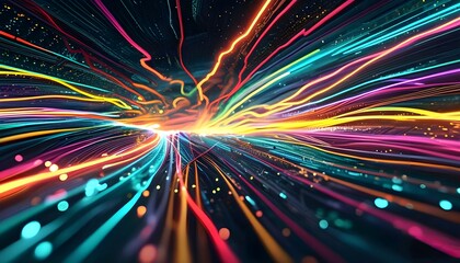 Poster - Glowing lines of vibrant colors streak across a dark, abstract background, evoking a sense of cosmic energy and motion