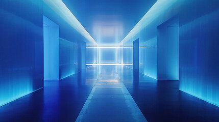Poster - A futuristic hallway illuminated in bright blue light, showcasing sleek lines and a modern architectural design for technology.