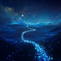 Poster - A winding river of glowing blue lights flows through a mountainous landscape under a starry night sky with clouds, creating a magical atmosphere for travel.