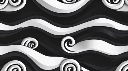 Poster - Abstract black and white paper waves with swirling patterns, creating a dynamic and modern artistic texture.