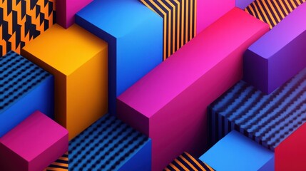 Poster - Vividly colored geometric shapes create a vibrant abstract backdrop, blending shades of blue, pink, yellow, and black.