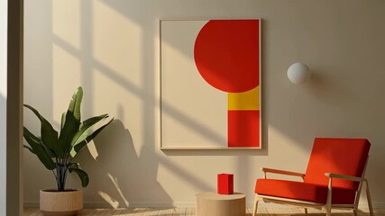 Wall Mural - a red armchair sits in a modern living room, bathed in sunlight streaming through a window