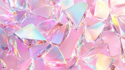 Poster - A close-up of shimmering glass shards reflecting vibrant colors against a soft pink background.