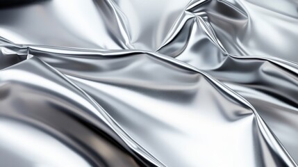 Poster - Close-up of crumpled silver metallic fabric creating a dynamic and reflective texture.