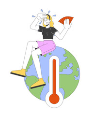  - Global warming 2D illustration concept. Climate crisis. Caucasian woman suffering from heat on earth globe with thermometer cartoon character isolated on white. Metaphor abstract flat vector graphic