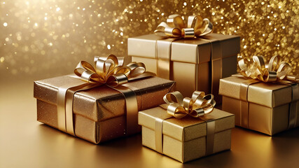 Wall Mural - Golden gift boxes with golden ribbons on sparkling bokeh background with golden glitters. Luxury cover for best-selling Christmas catalog or wallpaper. Gold background with Christmas presents.