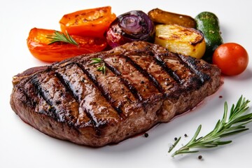 Wall Mural - Grilled steak served with colorful roasted vegetables. A delicious meal rich in flavor and nutrients. Perfect for meat lovers and outdoor BBQ enthusiasts. Generative AI