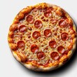 © TimelessClicks - A photostock of a hot pepperoni pizza with melted cheese, ideal for casual dining or comfort food themes, isolated on transparent PNG background, High Quality
