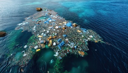 aerial view of the great pacific garbage patch. massive spread of plastic waste and debris in the oc