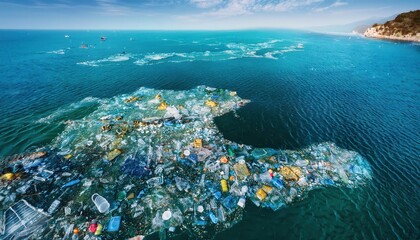 aerial view of the great pacific garbage patch. massive spread of plastic waste and debris in the oc