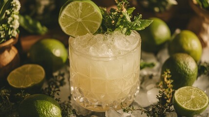 Poster - A close-up of a refreshing lime cocktail in a glass filled with ice, surrounded by lime halves and fresh herbs