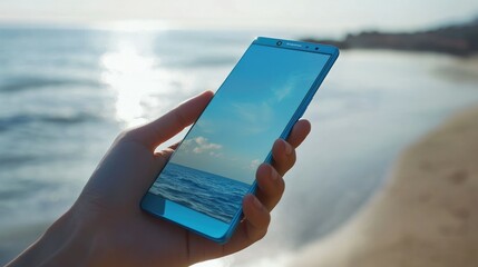 Aufkleber - A hand holding a Pacific blue smartphone with a large, high-definition screen, displaying a bright, engaging interface against a light background