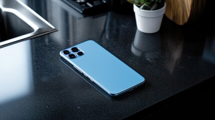 Poster - A Pacific blue smartphone placed on a dark countertop, its screen illuminated, with a modern, clean aesthetic that highlights its premium design