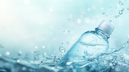 Poster - A skincare bottle submerged in water, surrounded by small bubbles, with a soft blue background evoking tranquility and purity for a spa-like feeling