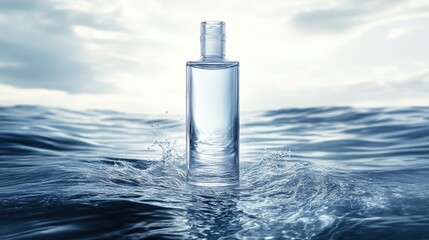 Poster - A sleek, clear bottle submerged in pure water, with subtle ripples and light reflecting off the bottle surface, conveying purity and sophistication