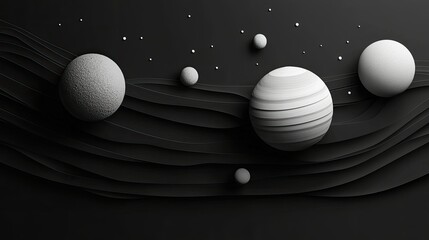 Poster - Abstract Space with Planets and Waves in Monochrome